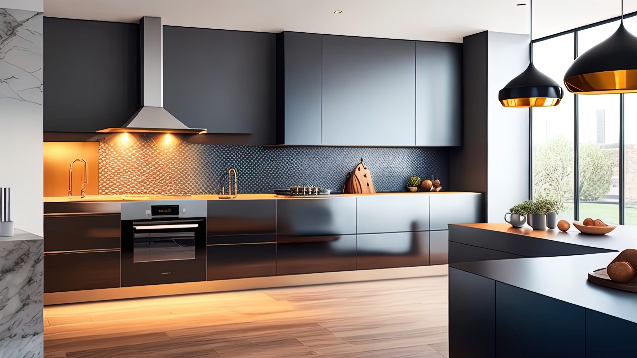 3d render of modern kitchen with black and white walls, wooden floor, dark wooden countertops and built in sink and cooker